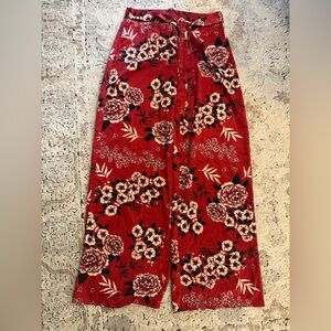 Floral Red Wide-Leg Pants